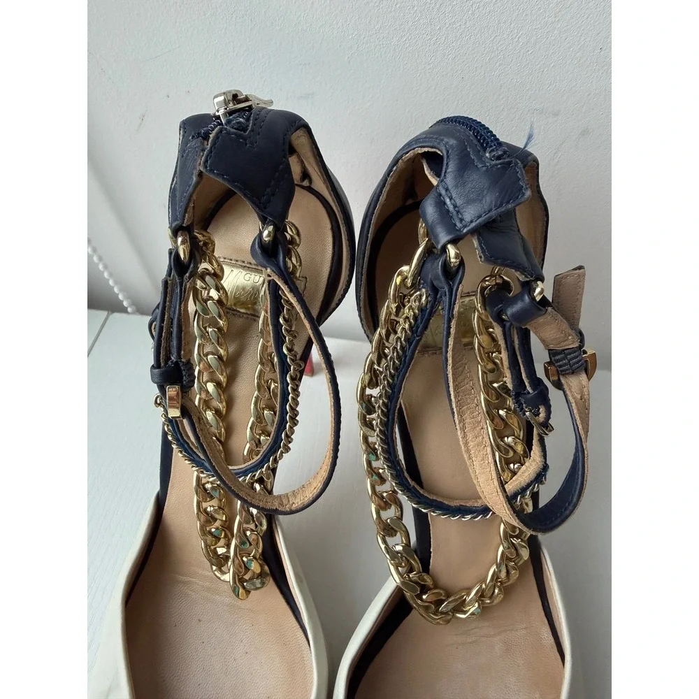 GUESS Marciano Chain Heels Leather Peep Toe Pumps Y2K Size 37.5 US 7.5